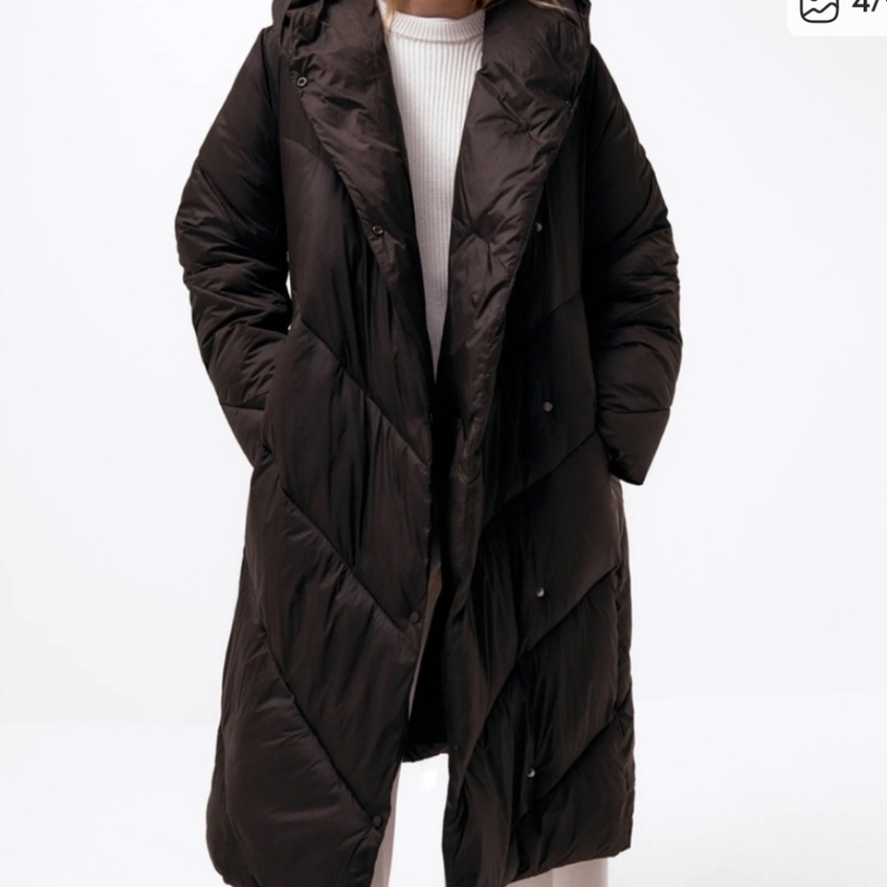 Zara Black Water Repellent Hooded Long Double Breasted Puffer Coat